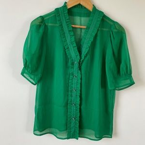 Sheer green button down top with puff sleeves.